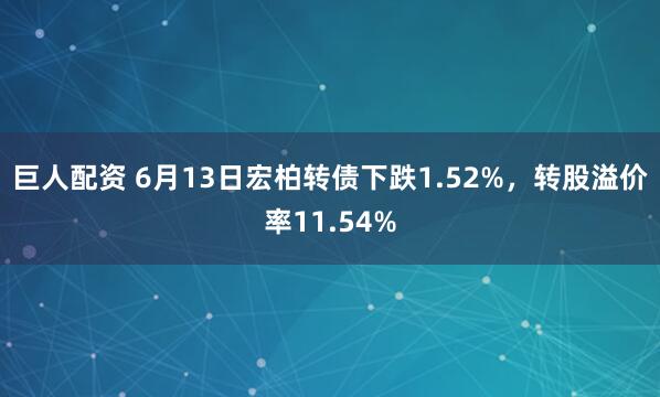巨人配资 6月13日宏柏转债下跌1.52%,转股溢价率11.54%